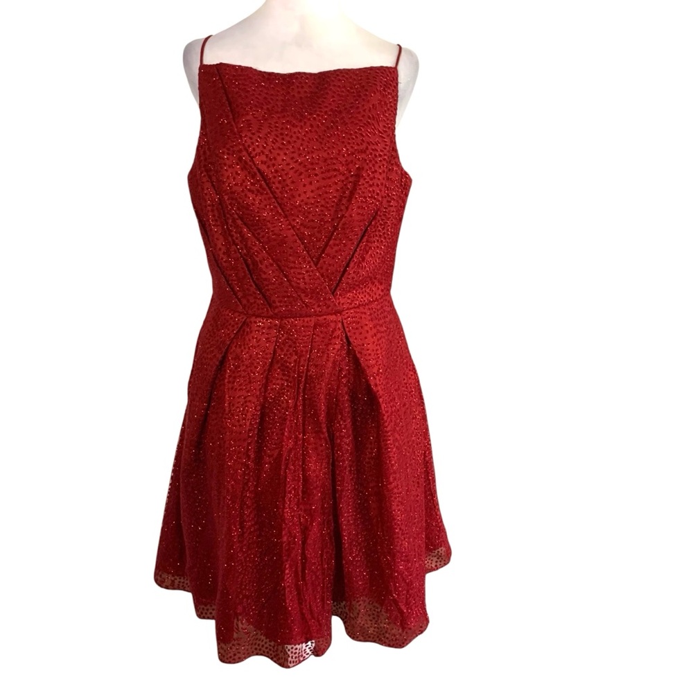 Monique Lhuillier Womens Size 12 Sparkle Red Textured Tuled Holiday Mini Dress